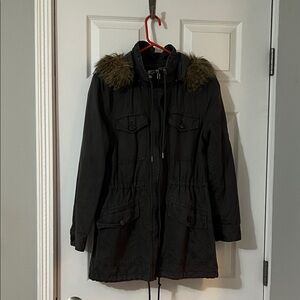 LOFT Grey Petite Utility Jacket with Faux Fur Trim